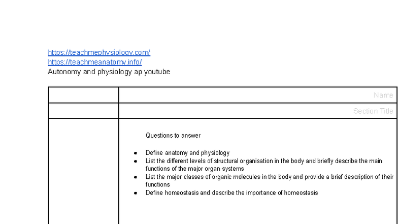 Anatomy and Physiology Overview: BSA-3 Week 1 Notes - Studocu