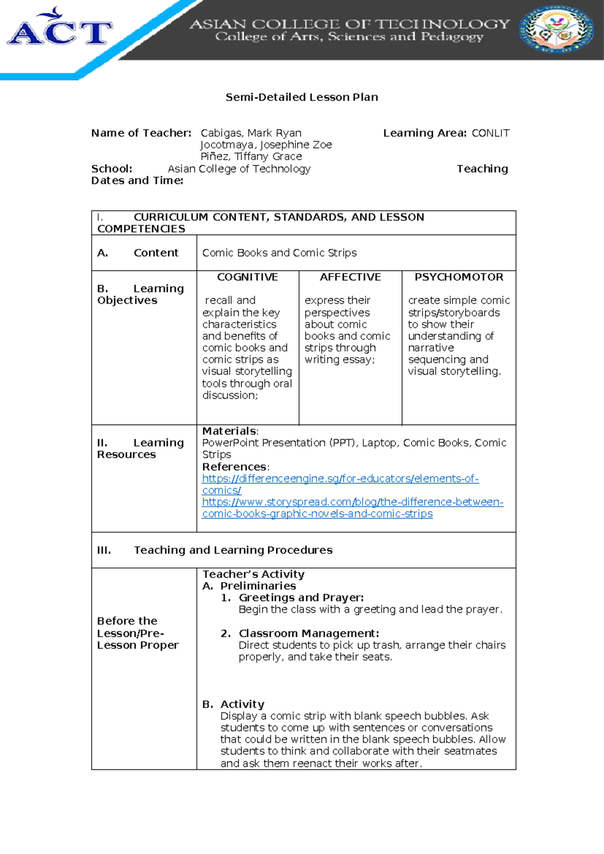 CBCS - English - Semi-Detailed Lesson Plan Name of Teacher: Cabigas ...