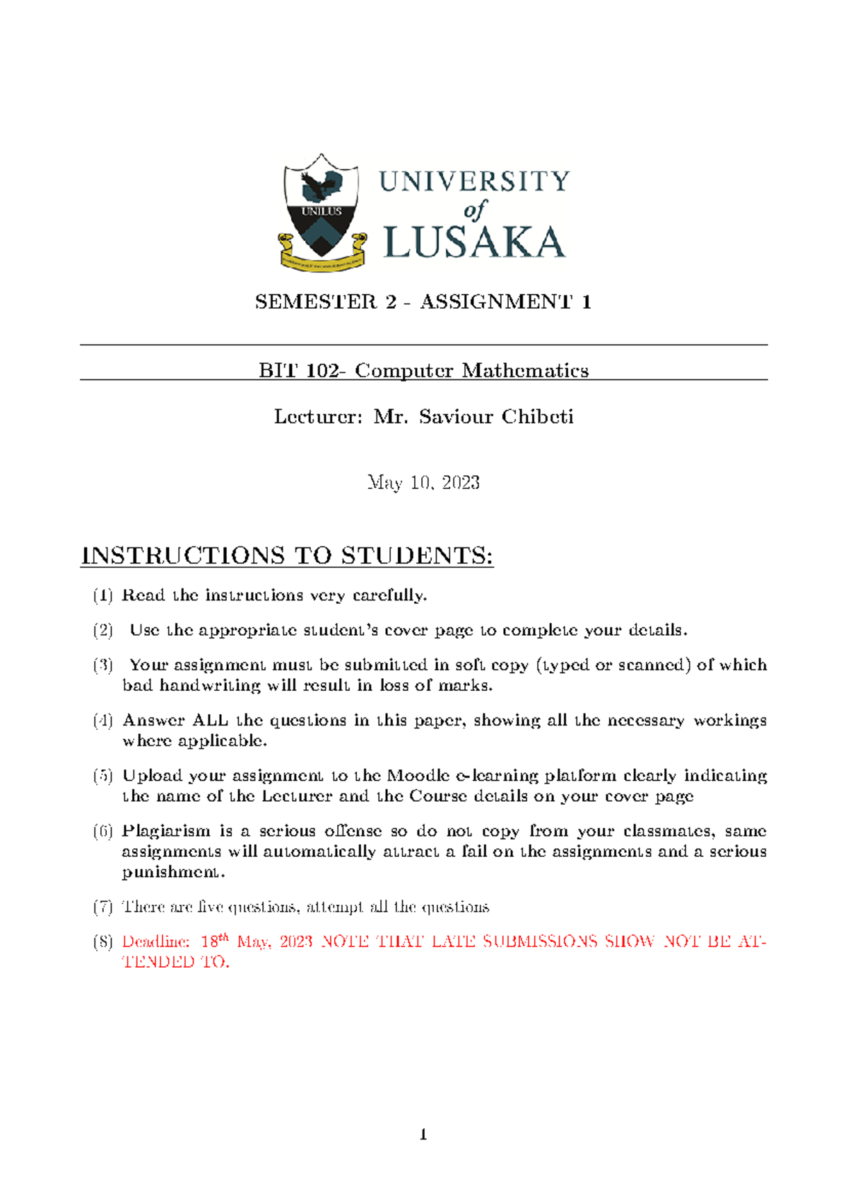 BIT 102 - Computer Mathematics Assignment 1 - Semester 2 - Studocu