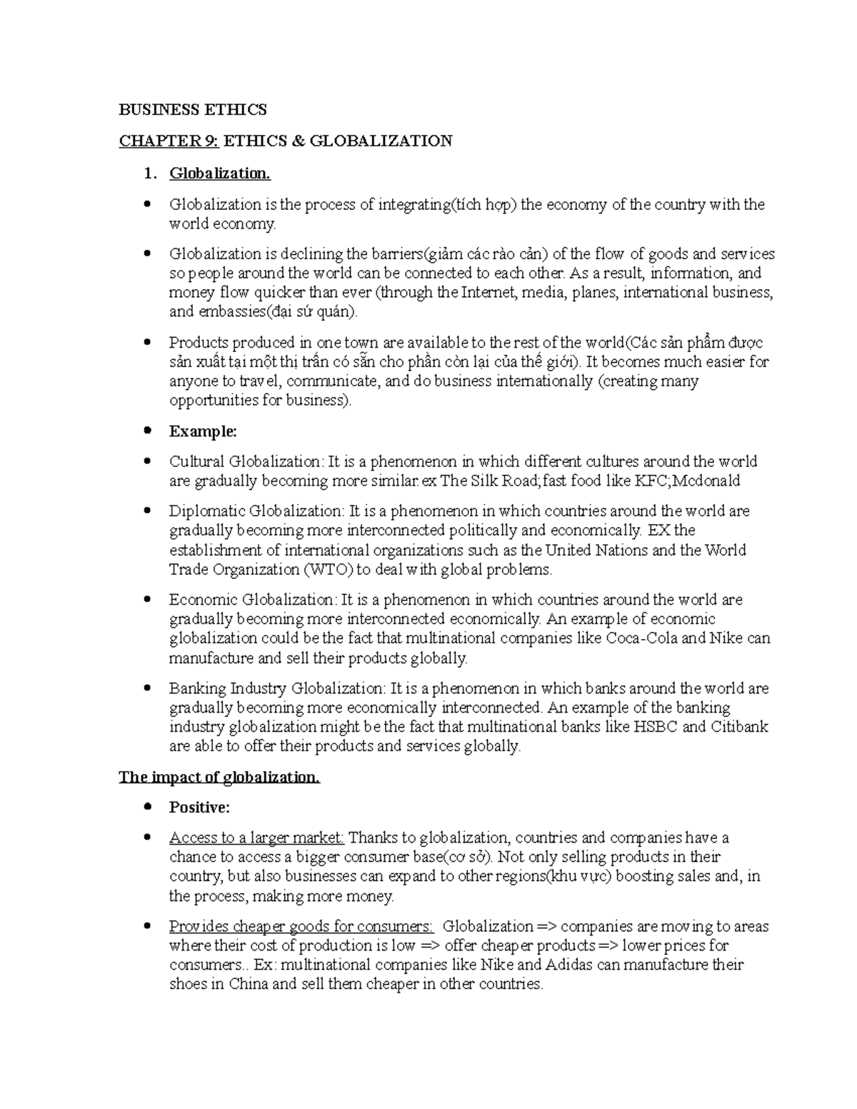 BUSINESS ETHICS - CHAPTER 9: ETHICS & GLOBALIZATION - FINAL EXAM - Studocu