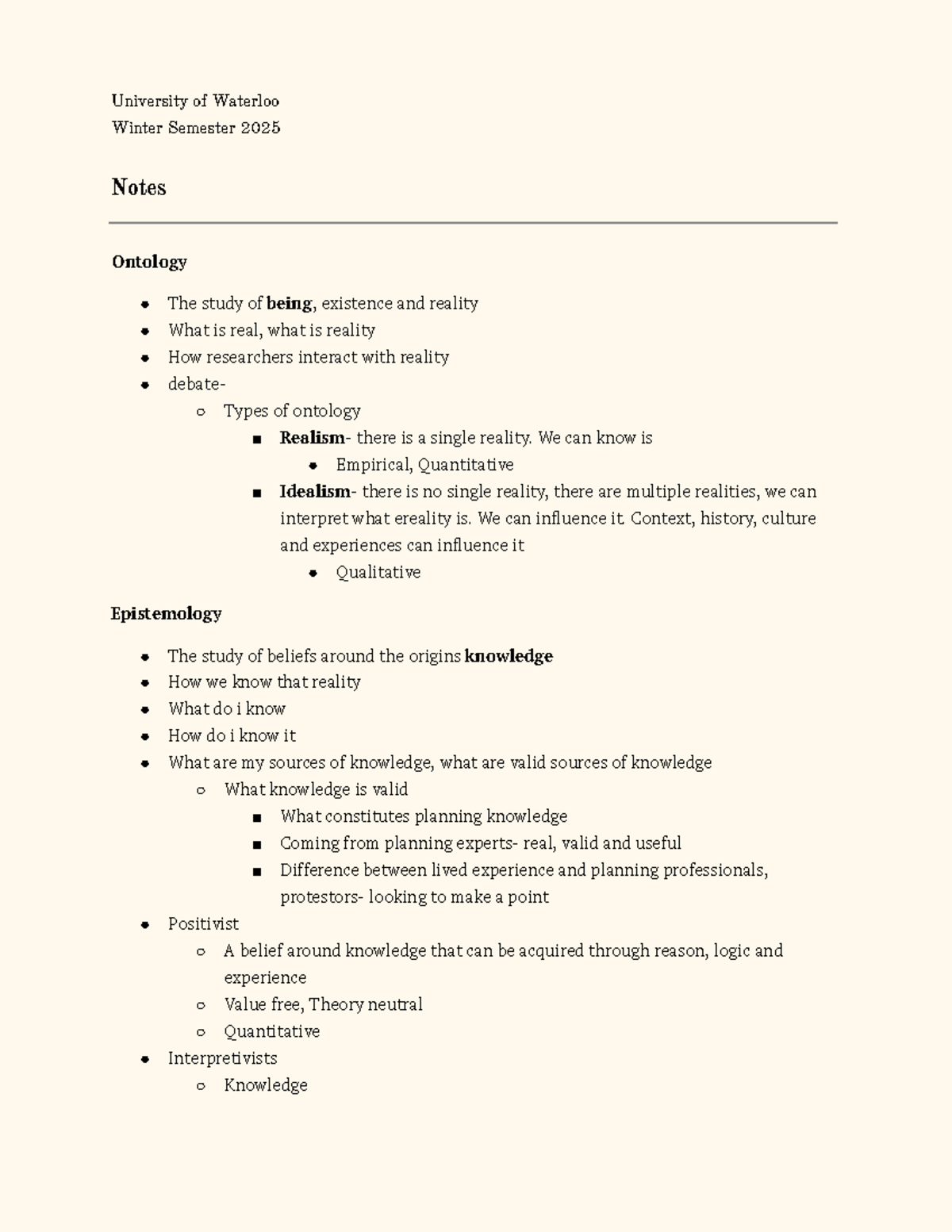 Lec 2 - Ontology and Epistemology in Planning Theory Notes - Studocu