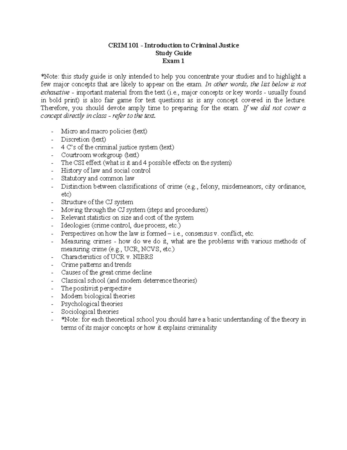 CRIM 101 - Exam 1 Study Guide: Major Concepts in Criminal Justice - Studocu
