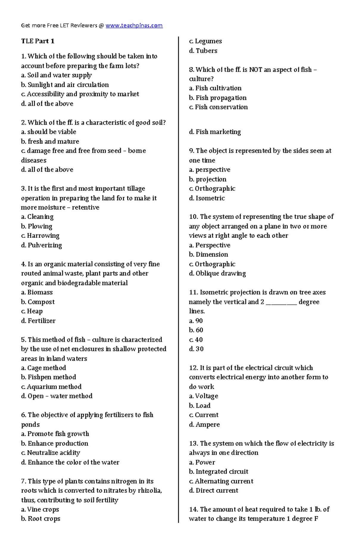 LET Reviewers for TLE Part 1: Key Concepts and Questions - Studocu