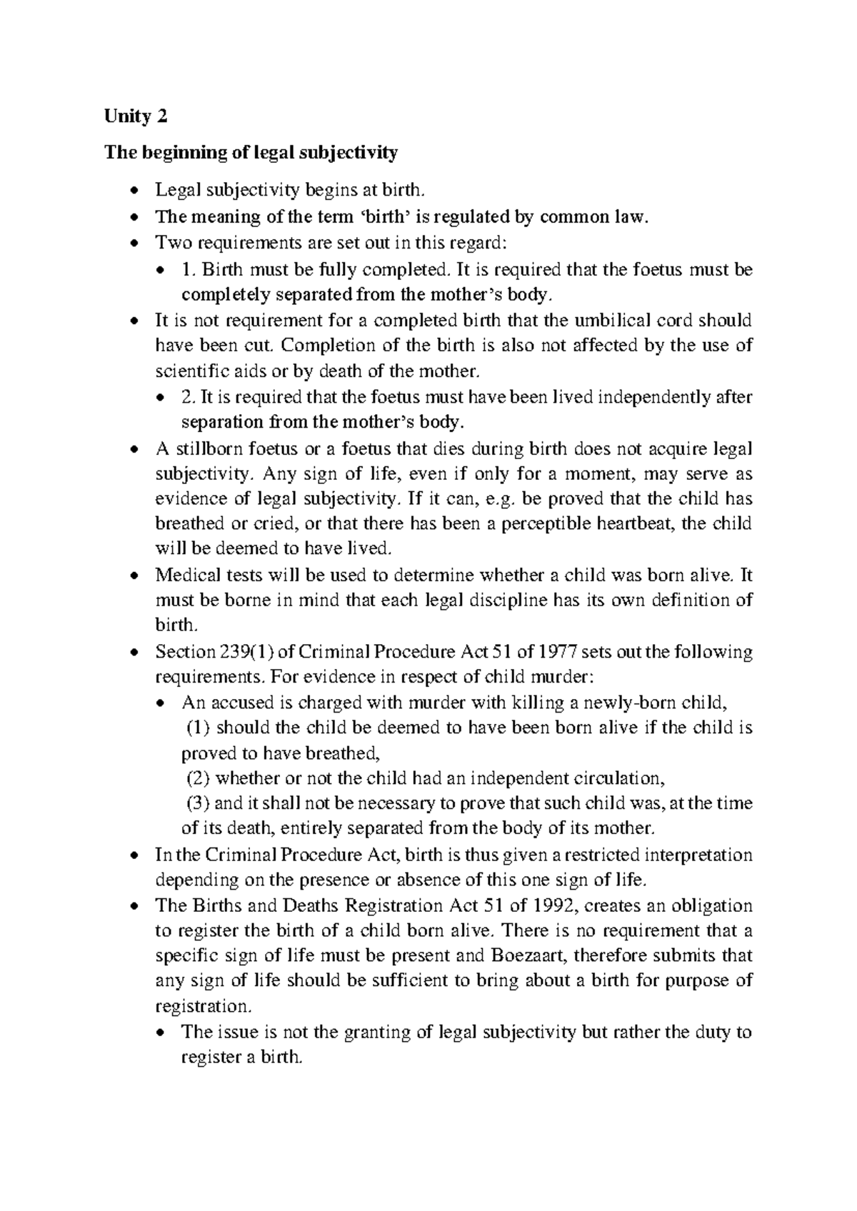 Unit 2 Law of Persons - Summary of Chapter 2: Legal Subjectivity and ...
