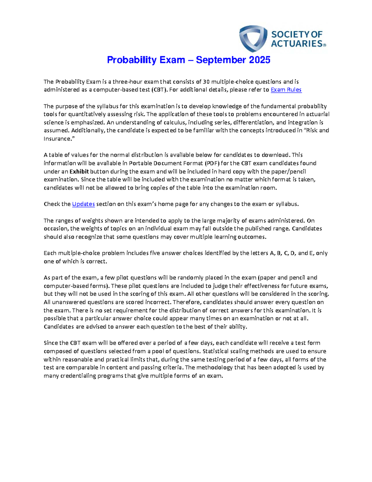 Probability Exam P Syllabus September 2025 - Studocu
