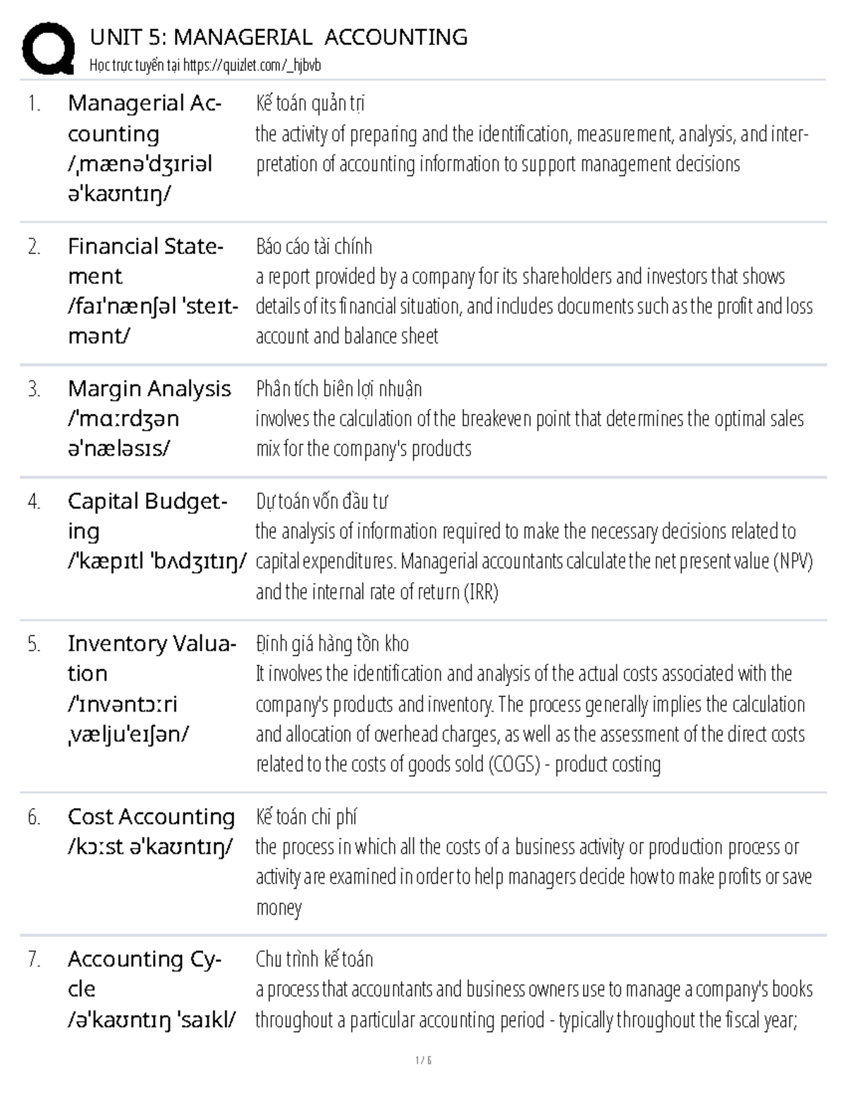 Quizlet: UNIT 5 - Managerial Accounting Overview and Key Concepts - Studocu