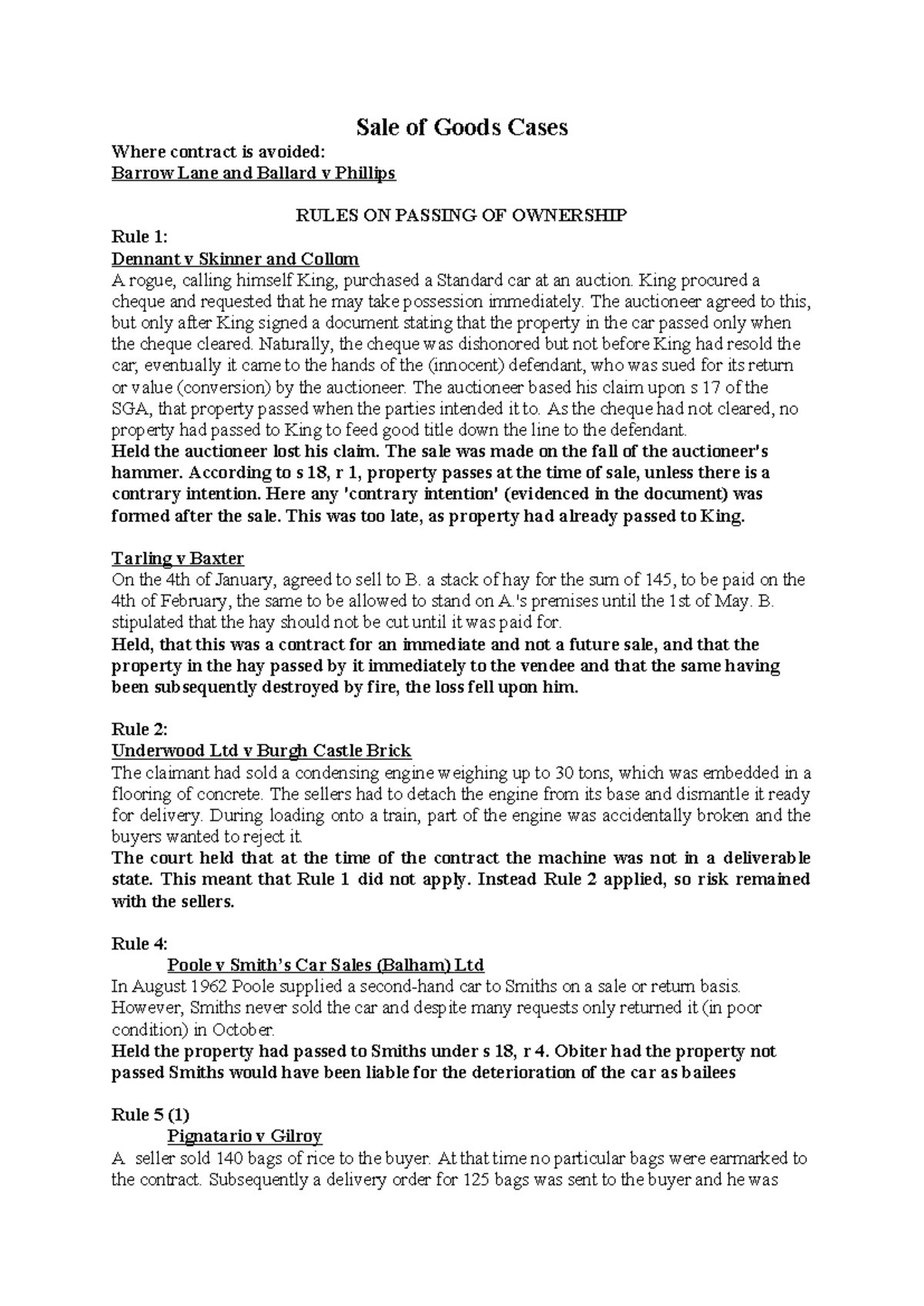 Sale of Goods Cases: Key Rules and Legal Principles Overview - Studocu