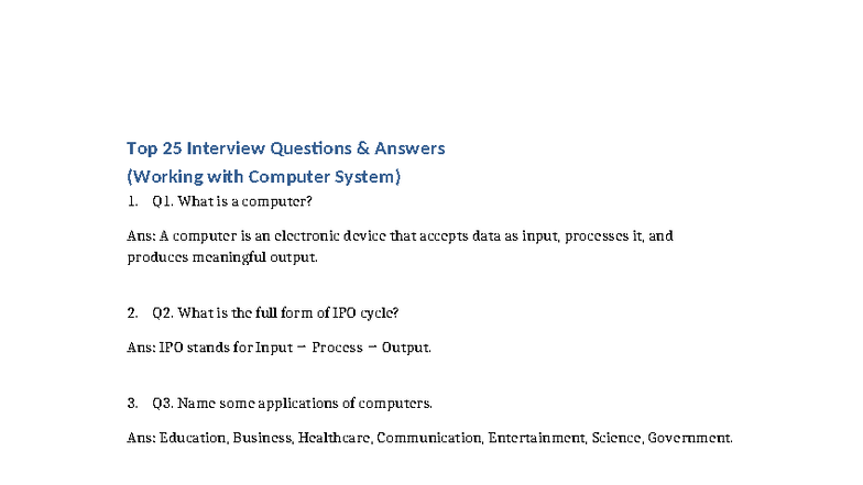 Top 25 Interview Q&A for Computer Systems (CS101) - Studocu