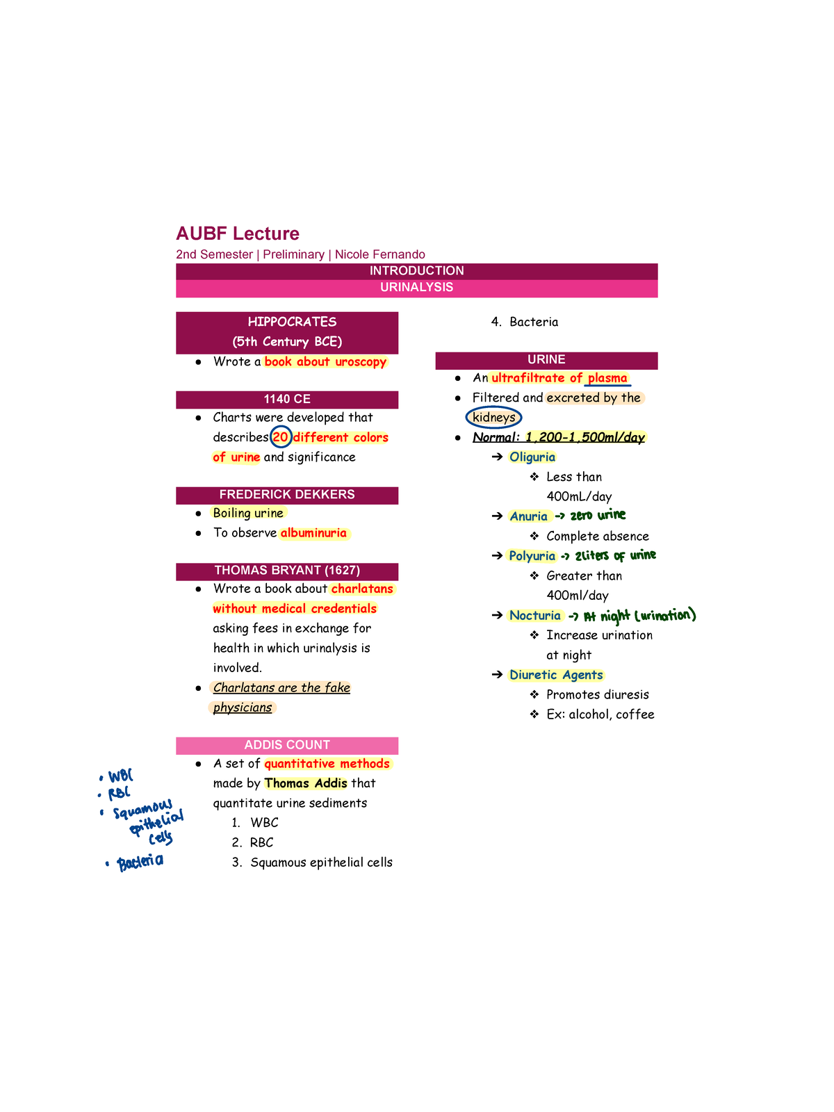 AUBF Lecture: Introduction to Urinalysis - 2nd Semester Overview - Studocu