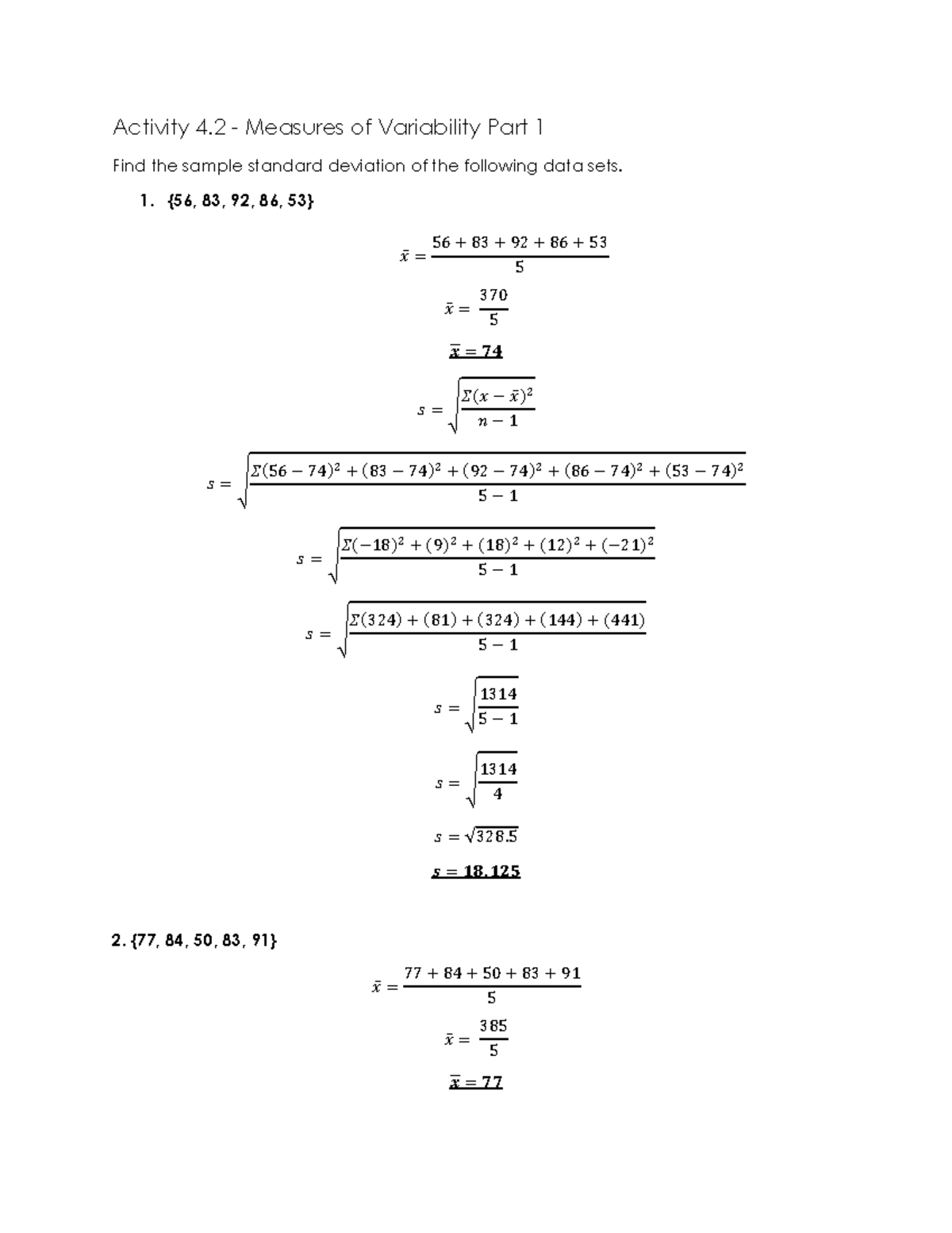 Standard Deviation Activity for Statistics 101: Measures of Variability ...