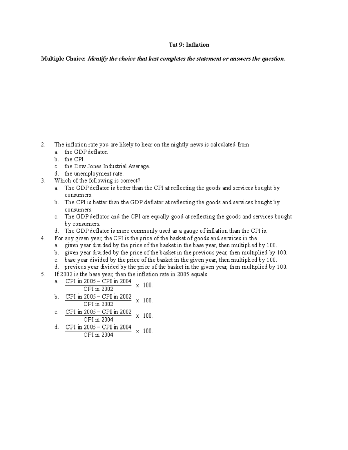 Tut 9 - EC2: Inflation Concepts and Multiple Choice Questions - Studocu