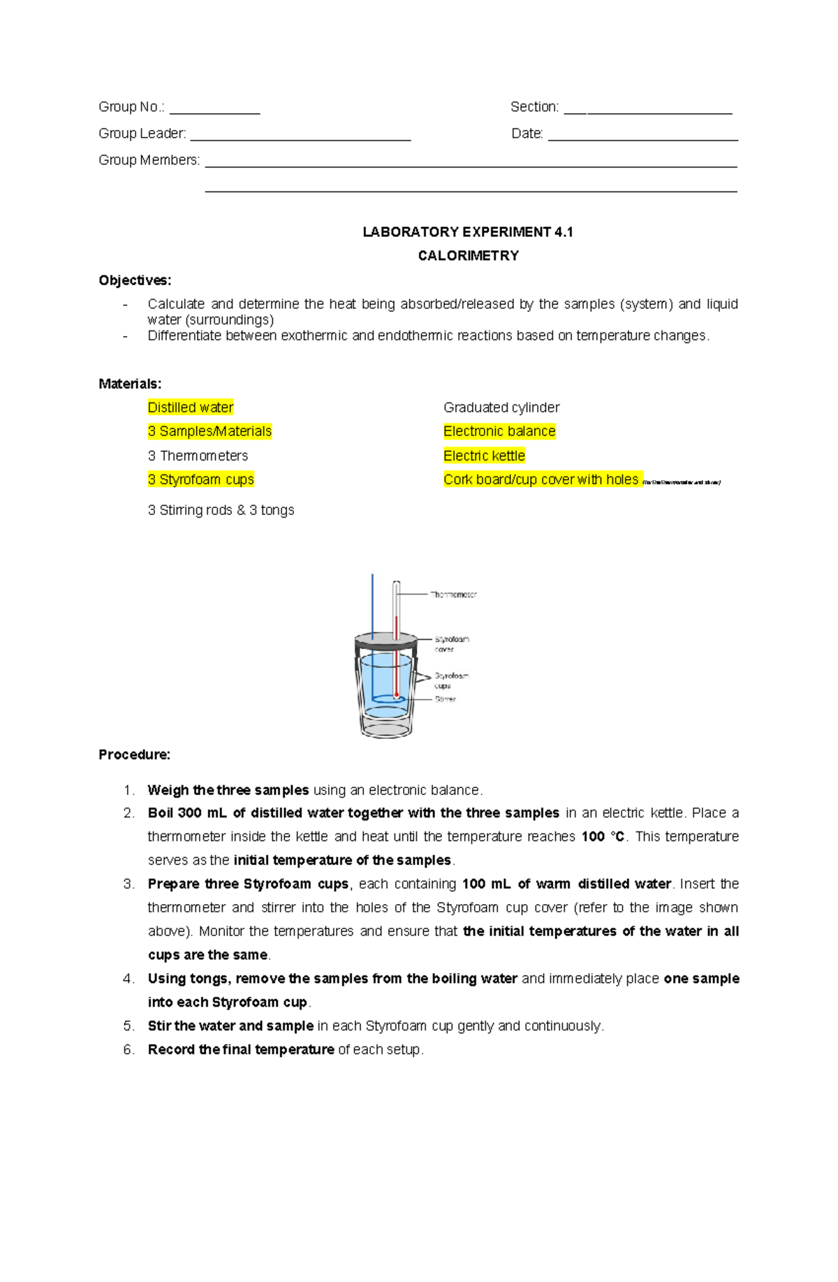 LAB 4.1: Calorimetry Experiment - Heat Transfer Analysis - Studocu