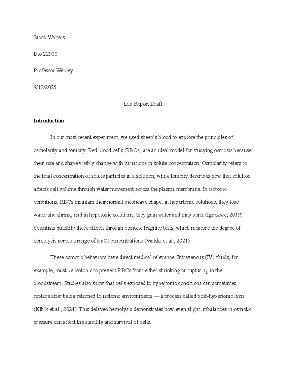 Bio 22900 Lab Report: Osmolarity & Tonicity Effects on RBCs - Studocu