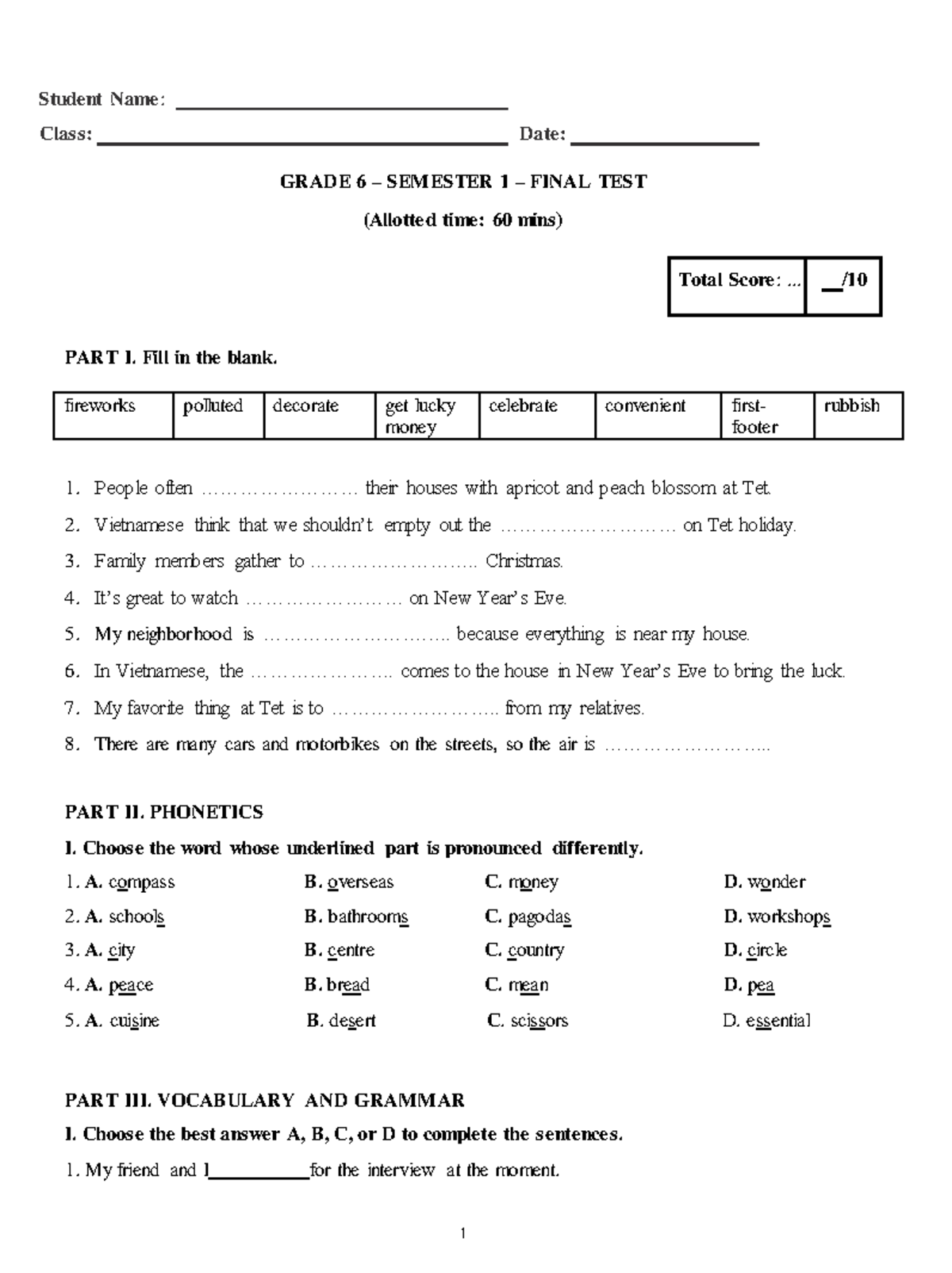 GRADE 6 SEMESTER 1 SEC 17 FINAL TEST Review and Practice - Studocu