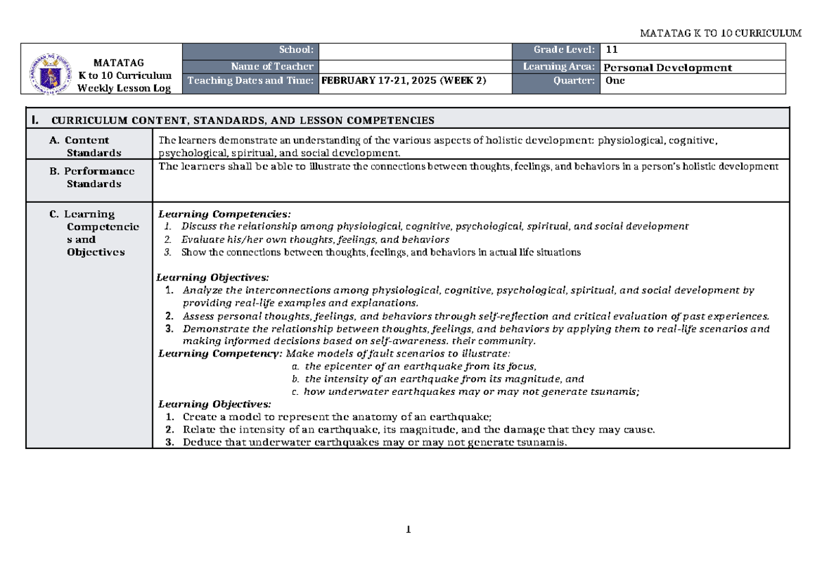 MATATAG K to 10 Curriculum: Weekly Lesson Log for Personal Development ...
