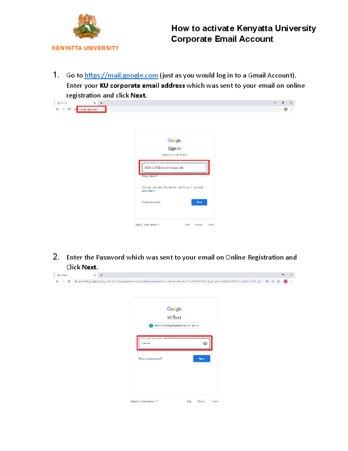 Kenyatta University Corporate Email Activation Guide - Studocu
