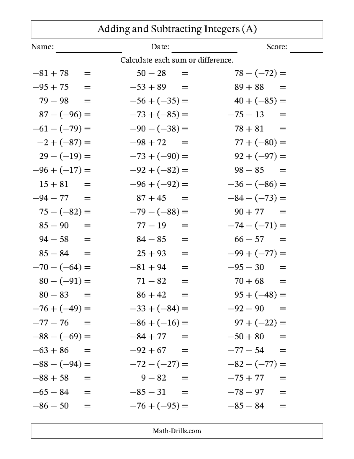 Integers Worksheet - Adding and Subtracting Mixed Integers from -99 to ...