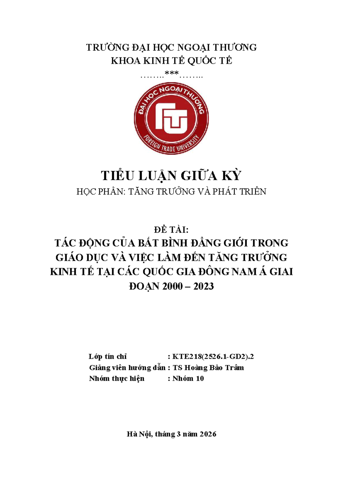 Tiểu luận TTPT - Tác động của Bất bình đẳng Giới đến Tăng trưởng Kinh ...