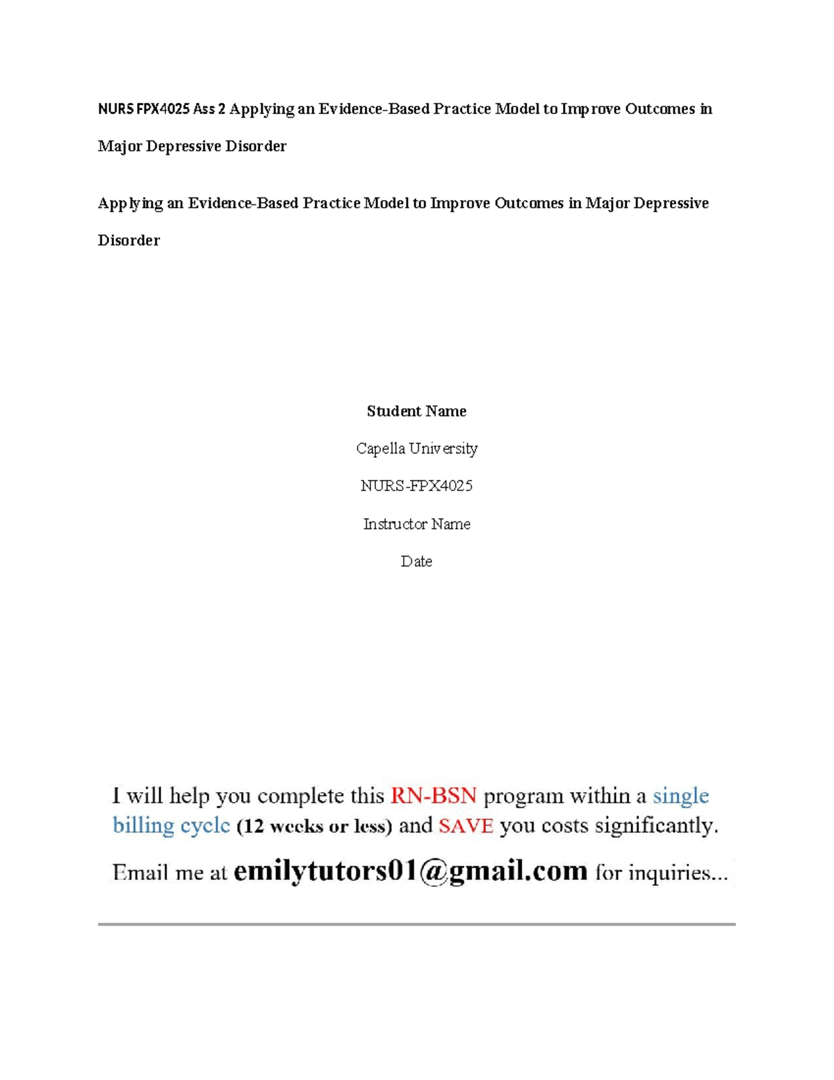 NURS FPX4025 Ass 2 Evidence-Based Practice Model for Major Depressive ...