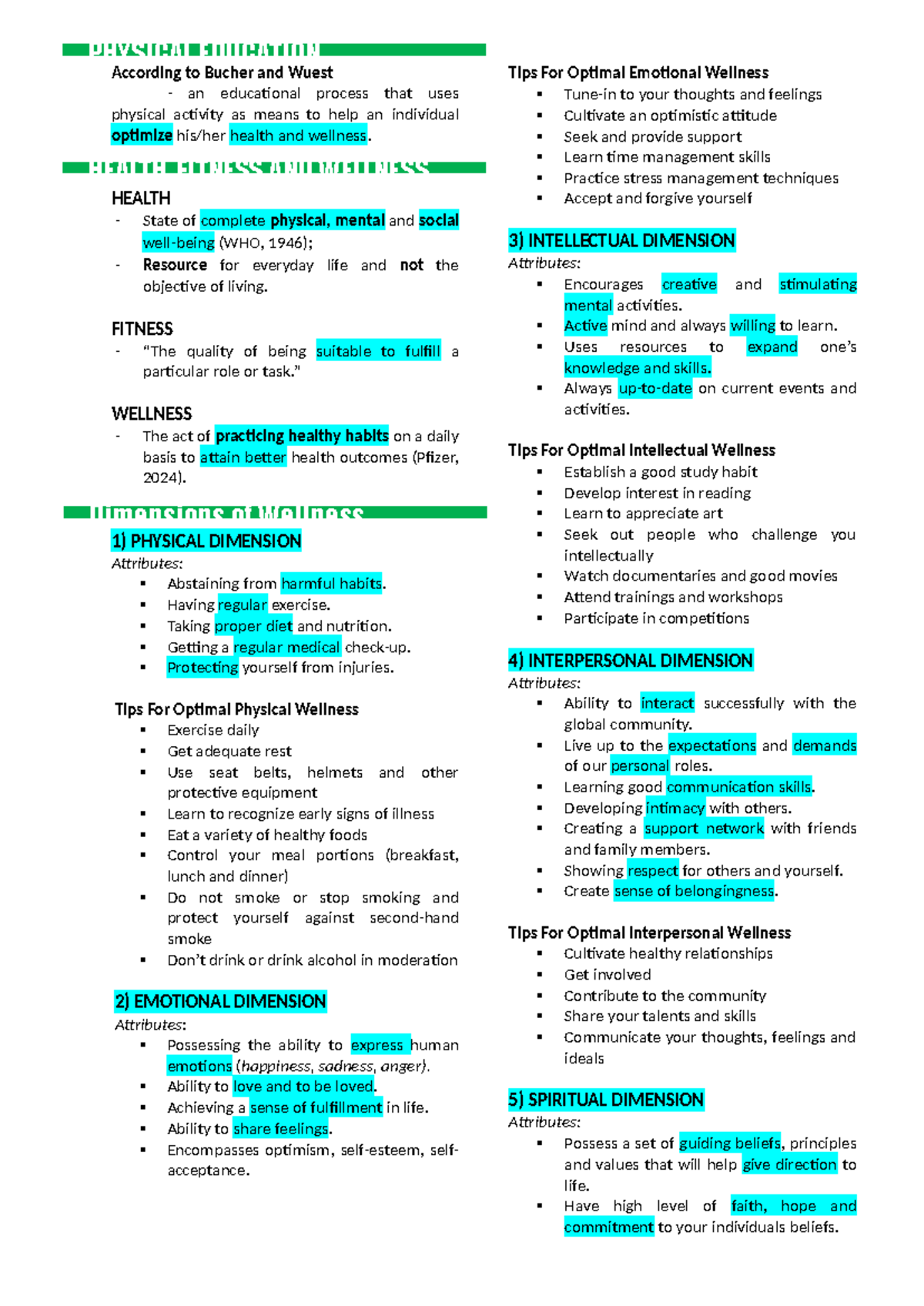 Pathfit Notes: Dimensions of Health, Fitness & Wellness in PE - Studocu