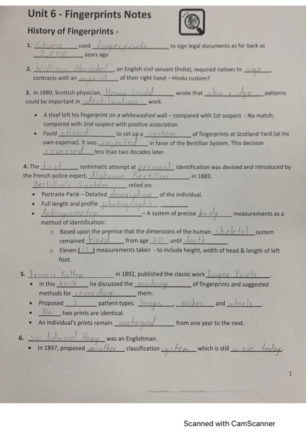 Unit 6 - Comprehensive Notes on Fingerprints and Their History - Studocu