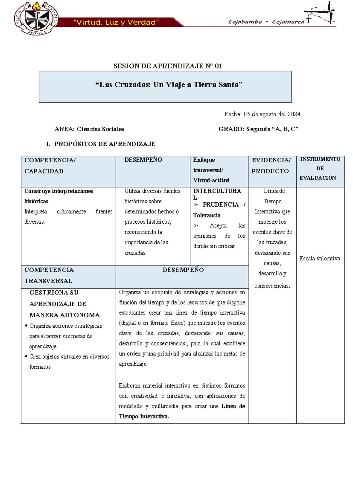 Sesión de Aprendizaje N° 01: Las Cruzadas en el Grado 2° A, B, C - Document Preview