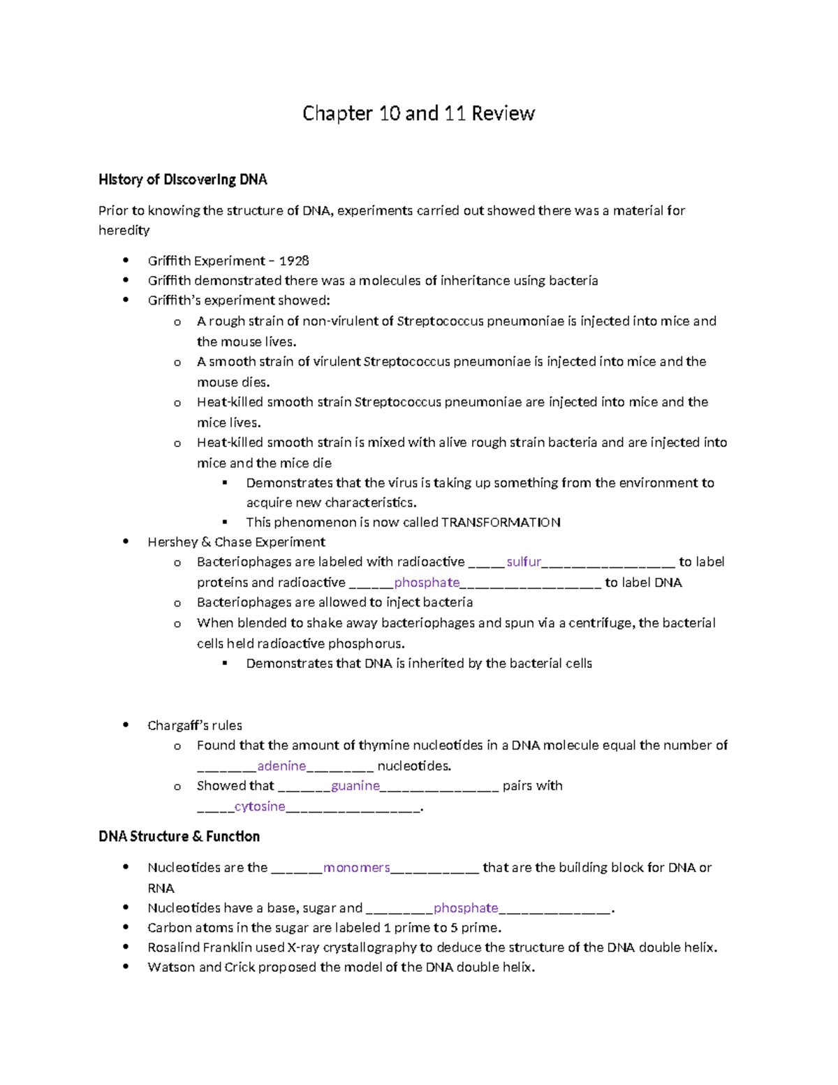 Chapters 10-11: DNA Structure, Replication, and Gene Regulation Review ...