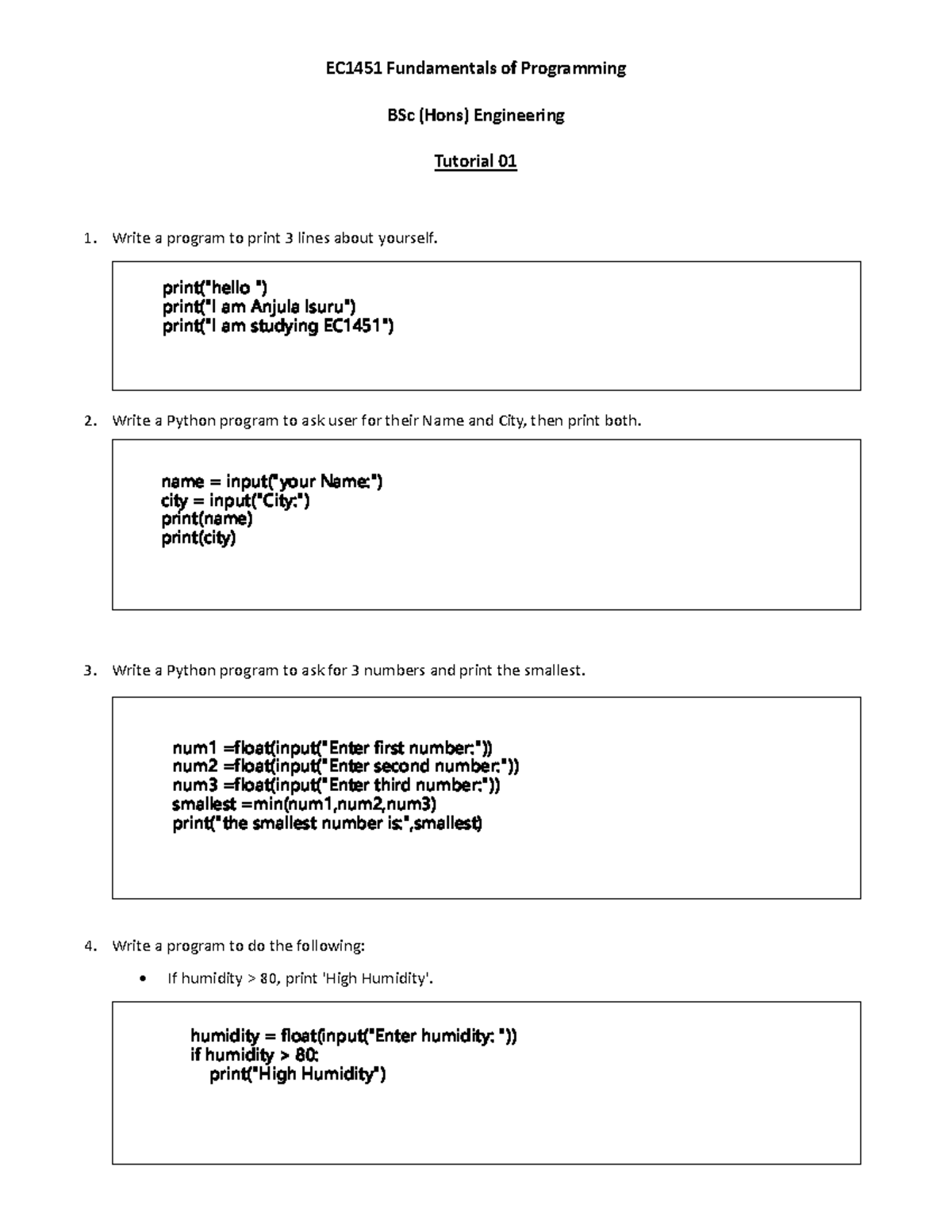 EC1451 Fundamentals of Programming BSc (Hons) Engineering Tutorial 01 ...