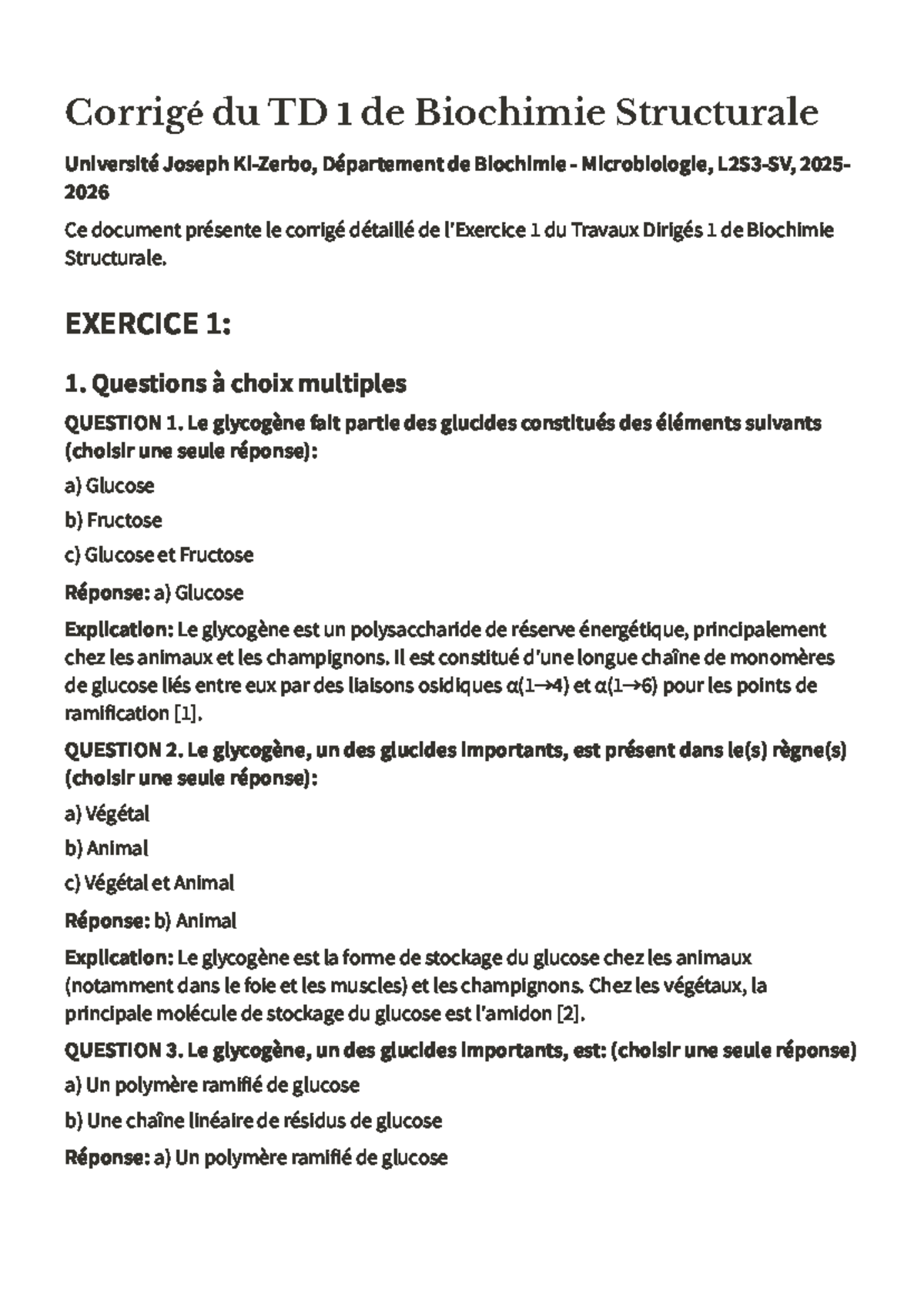 Corrigé TD 1 Biochimie Structurale 2025-2026 - Exercice détaillé - Studocu