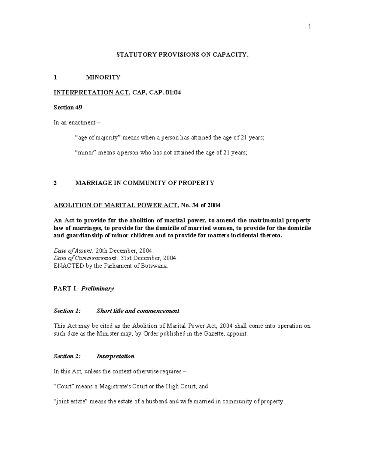 Statutory Provisions on Capacity: Minority & Marital Power Laws - Studocu