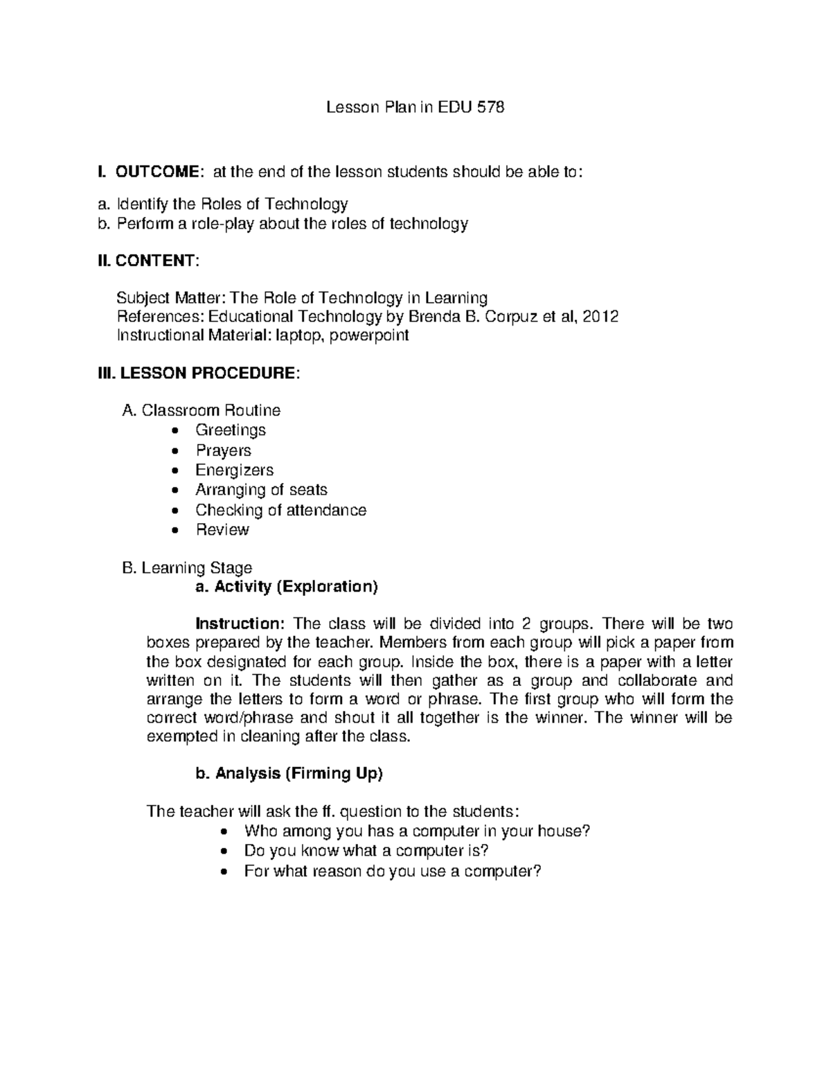 SEMI-Detailed Lesson Plan on Technology in EDU 578 - Studocu
