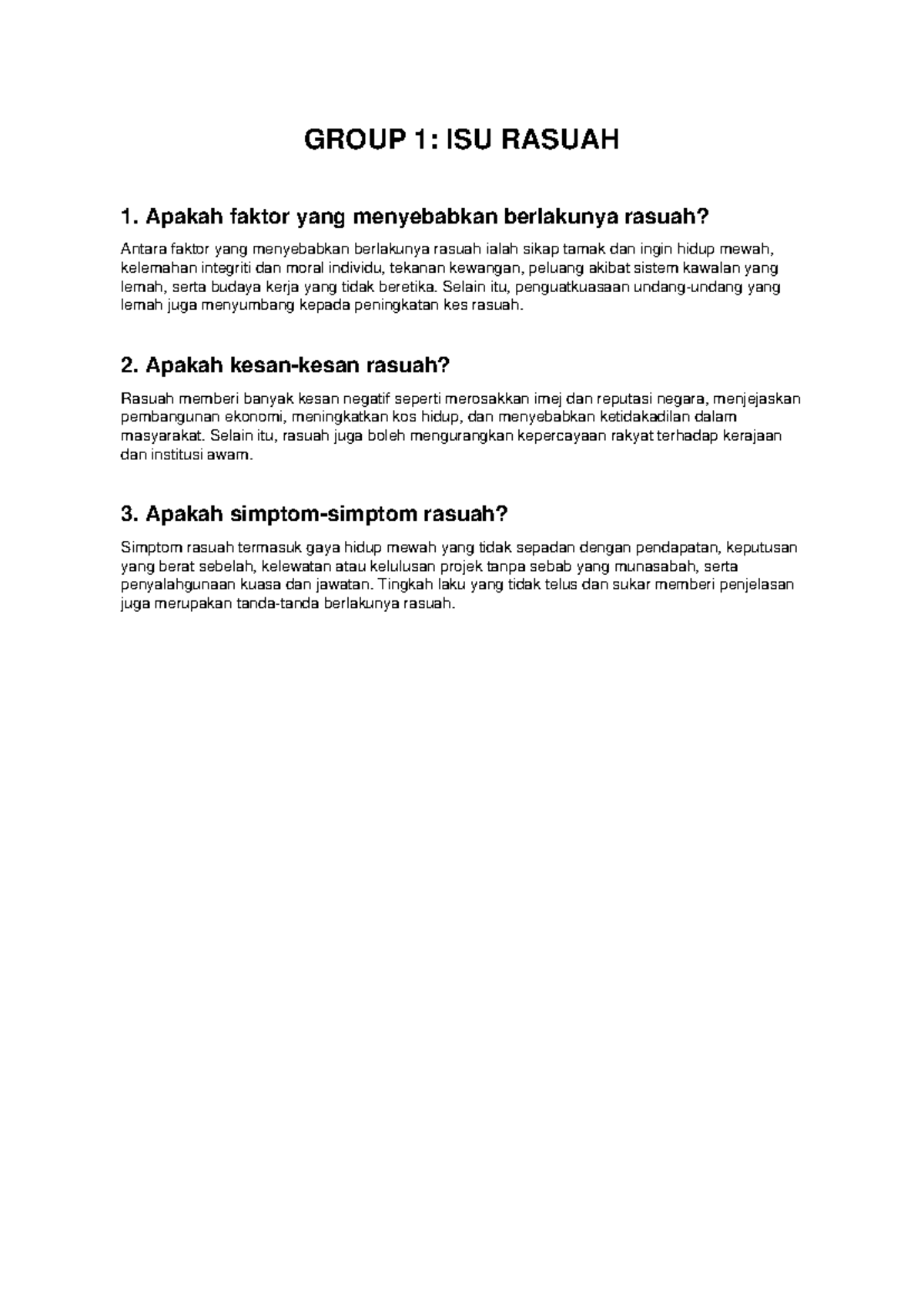 Group 1: Rasuah 260101 - Faktor, Kesan & Simptom Rasuah - Studocu