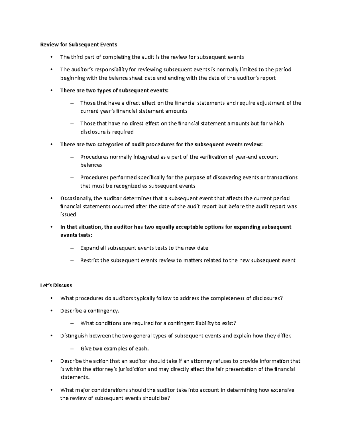 Lecture Notes 24: Review of Subsequent Events and Final Evidence ...