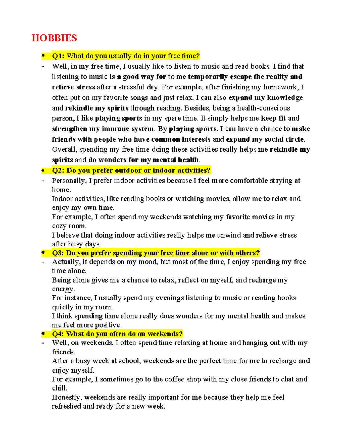 HOBBIES Q1-Q4: Practice Speaking Test Responses - Studocu