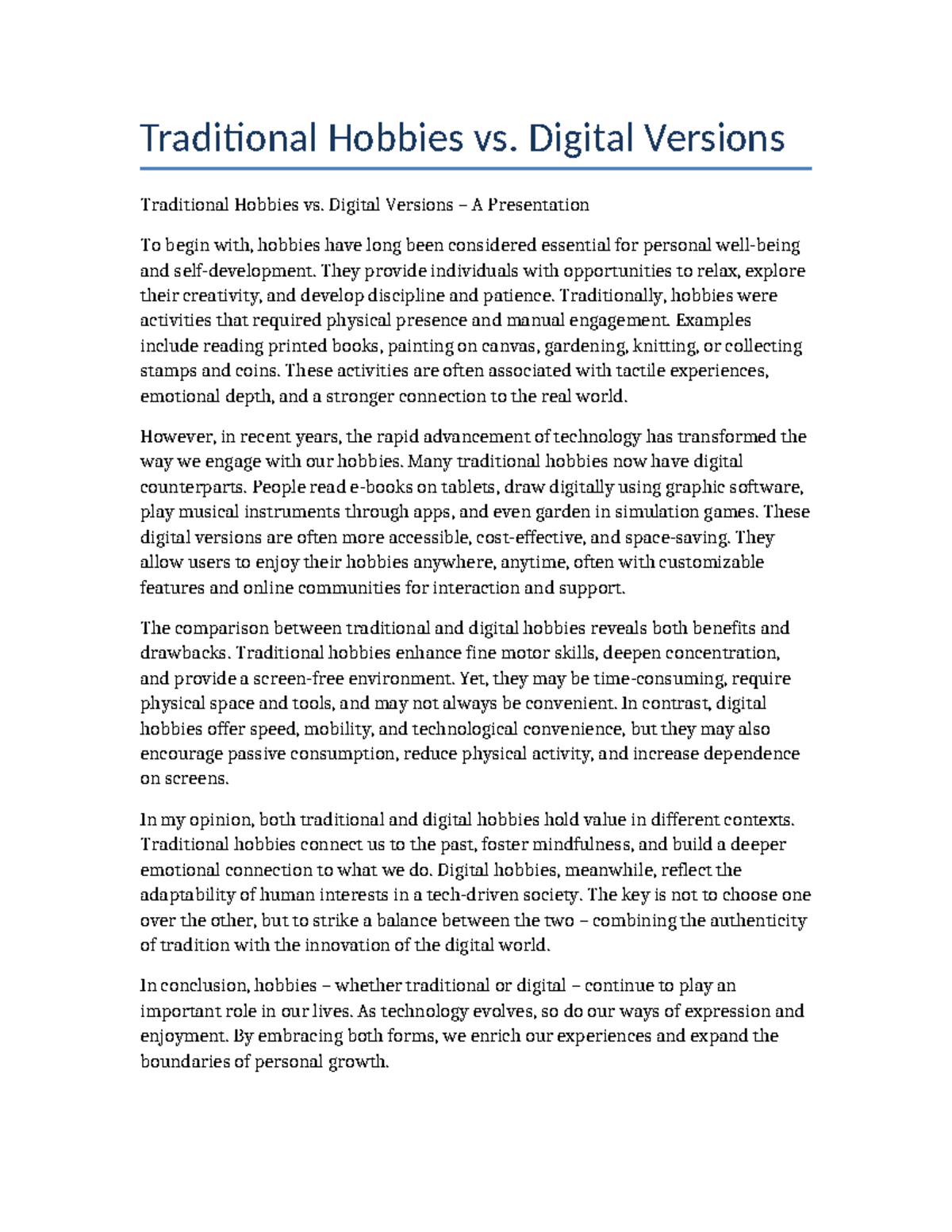 Traditional vs Digital Hobbies: Balancing Tradition & Innovation - Studocu