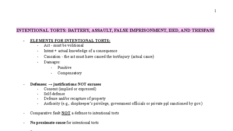 Torts Exam Outline - INTENTIONAL TORTS: Key Elements & Defenses - Studocu
