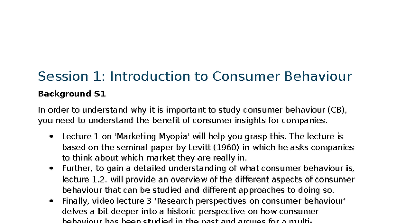 Consumer Behaviour - S1 Lecture Notes and Insights - Studocu
