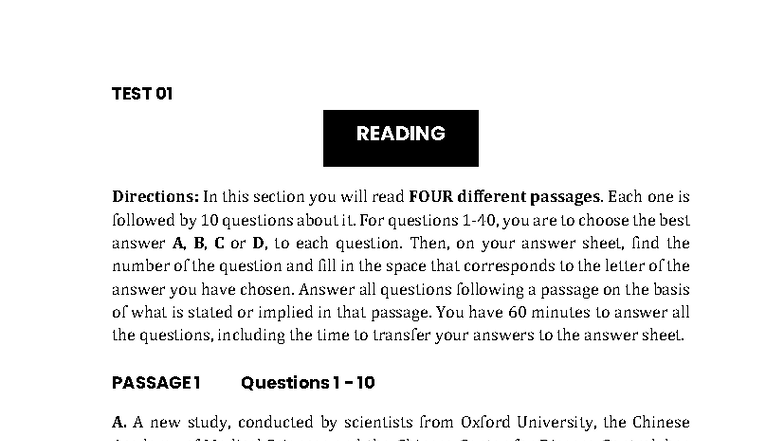 VSTEP TEST 01 READING: Passage Analysis and Questions - Studocu