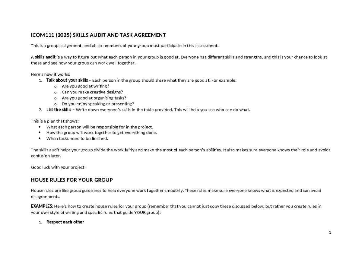 ICOM111 (2025) Skills Audit & Task Agreement for Group Project - Studocu