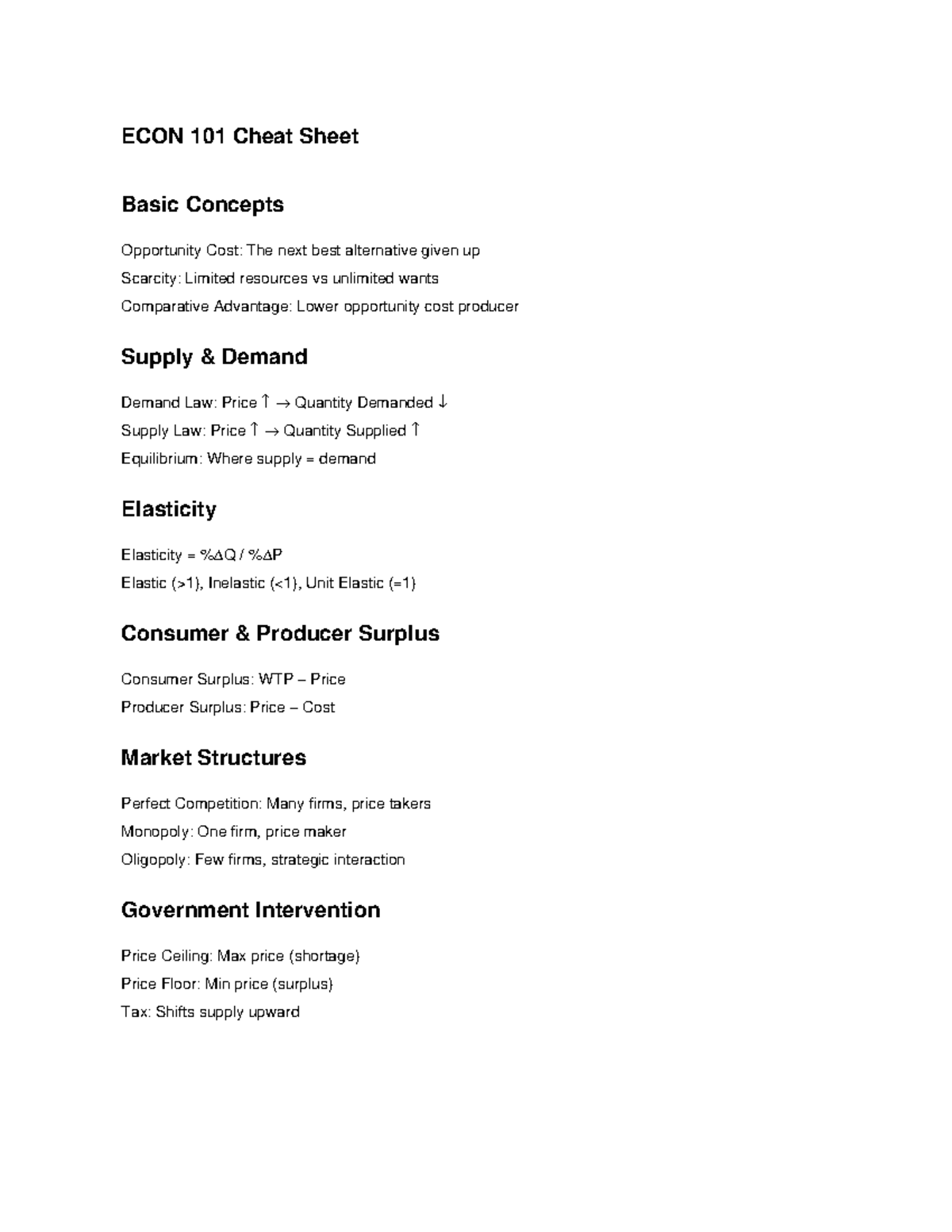 Econ101 cheat sheet - review - ECON 101 Cheat Sheet Basic Concepts ...