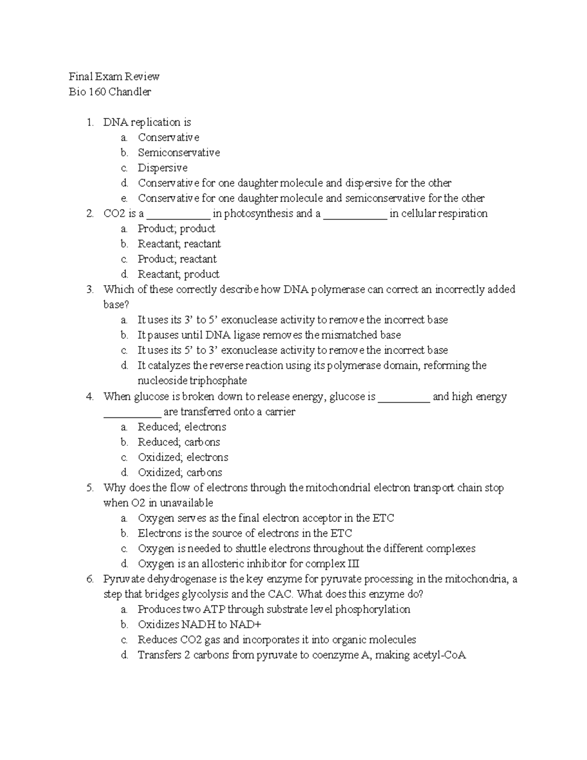 Bio 160 Final Exam Comprehensive Study Guide - Studocu