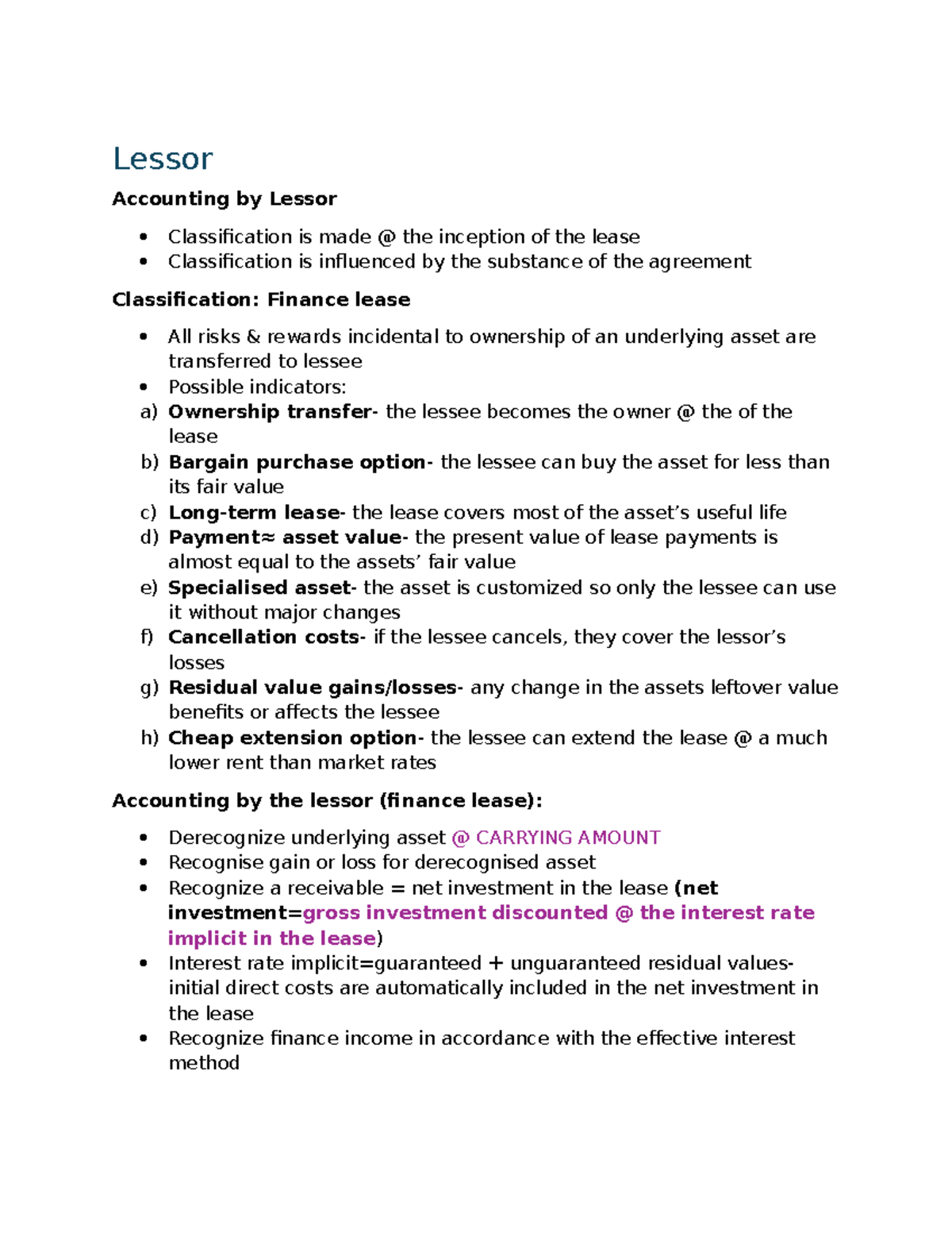 Lessor Accounting: Finance Lease Classification and Implications - Studocu