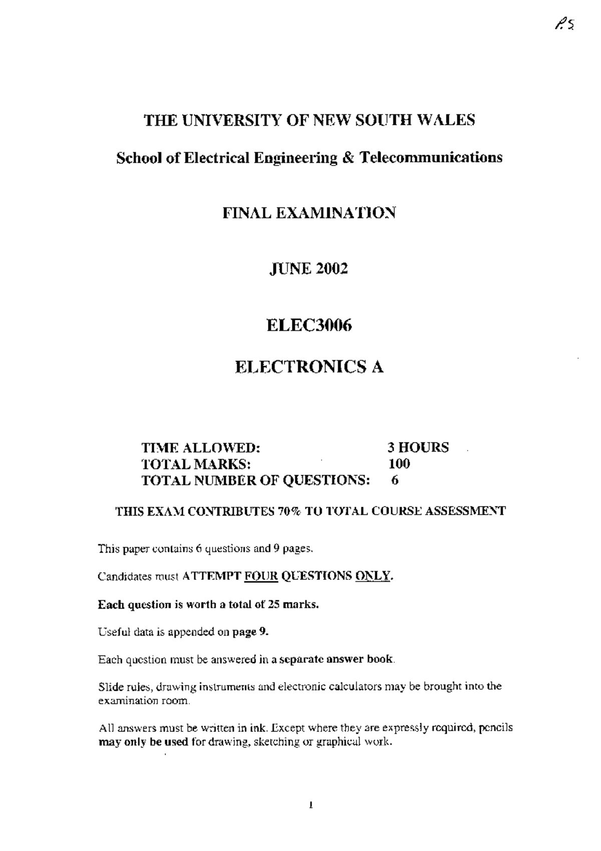 ELEC3006 Final Exam June 2002 - Electronics A Exam Paper Analysis - Studocu