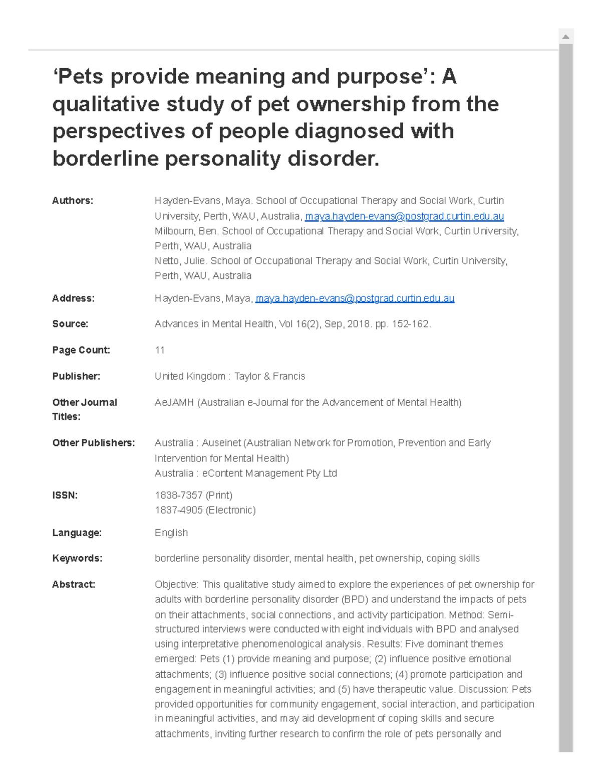 A Qualitative Study on Pets and Purpose in BPD: Insights and Impact - Studocu