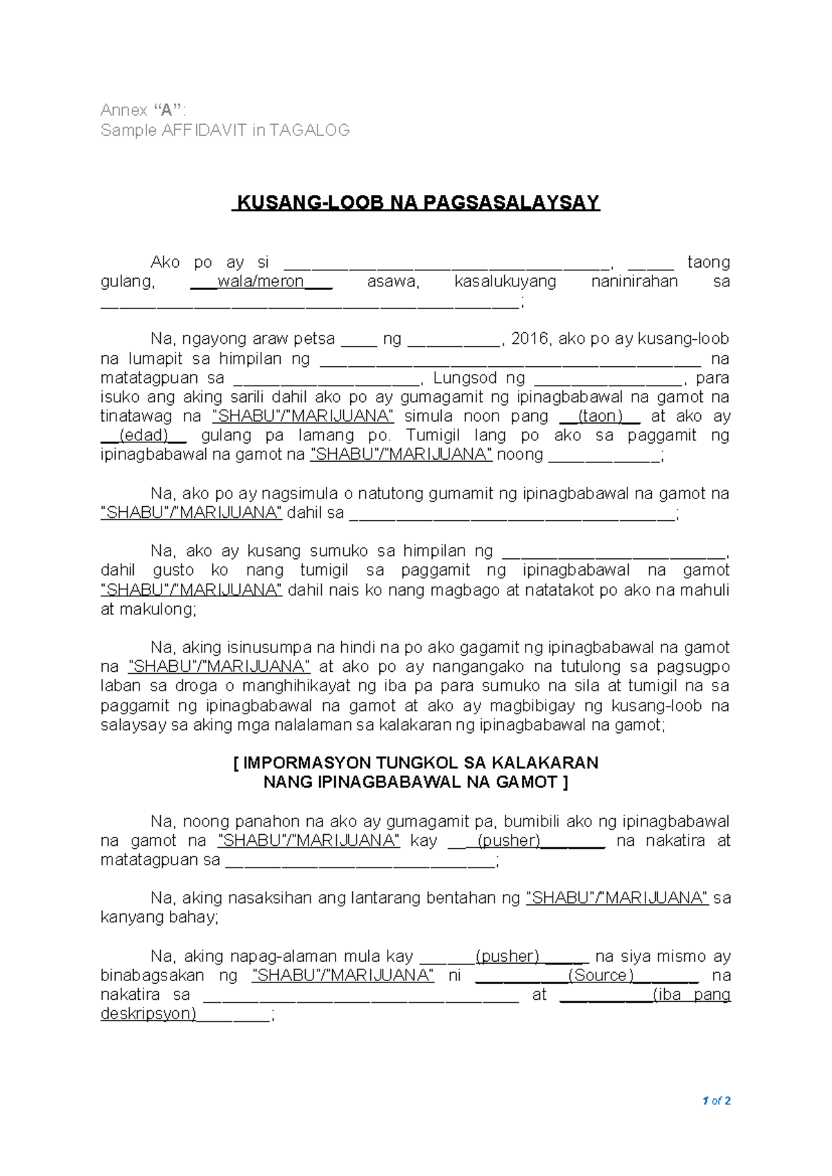 Sample Affidavit Format in Tagalog for Drug Surrender - Studocu