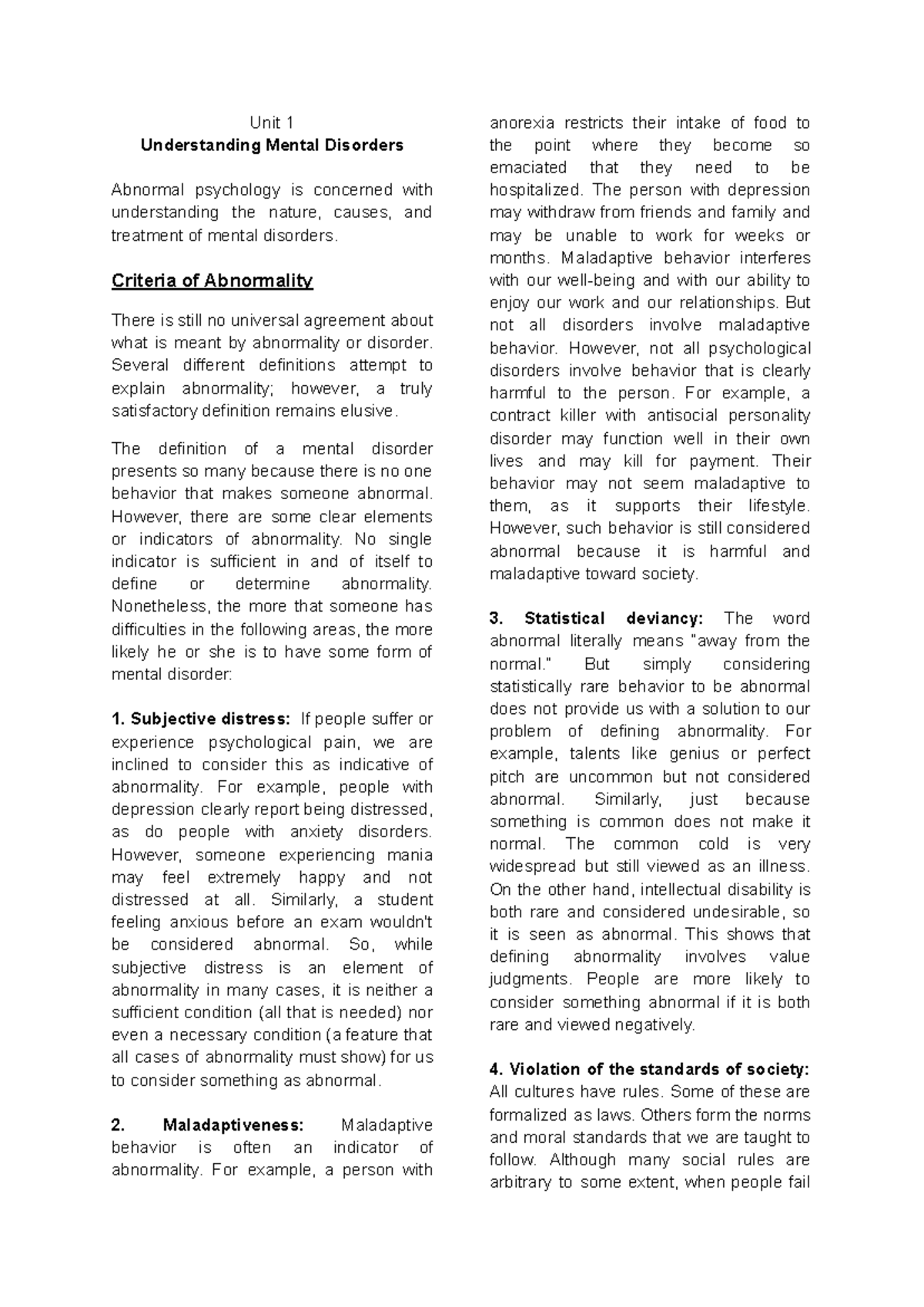 UMD PSYC 101 - Unit 1: Understanding Mental Disorders Notes - Studocu