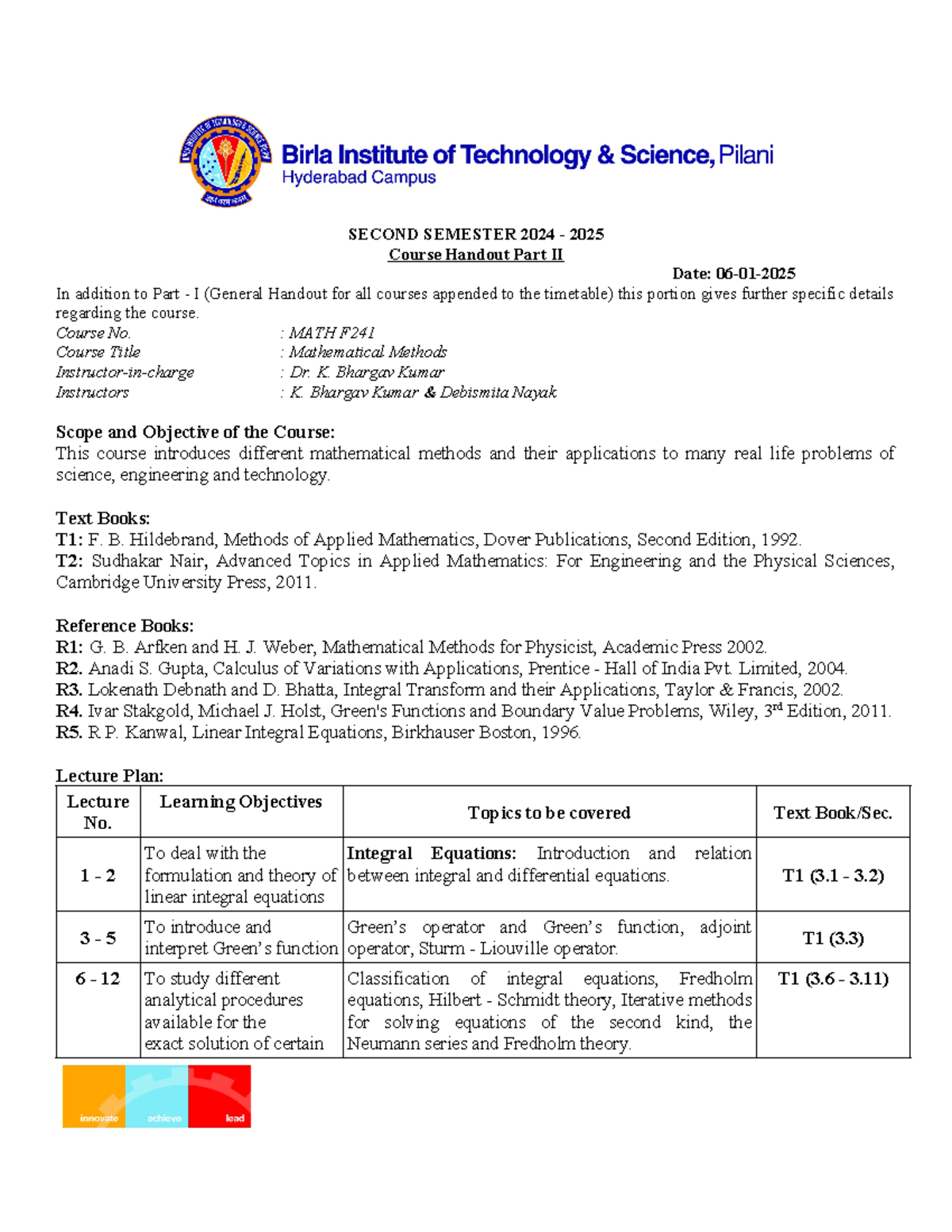 Mathematical Methods Handout - Course MATH F (Second Semester 2024-2025 ...