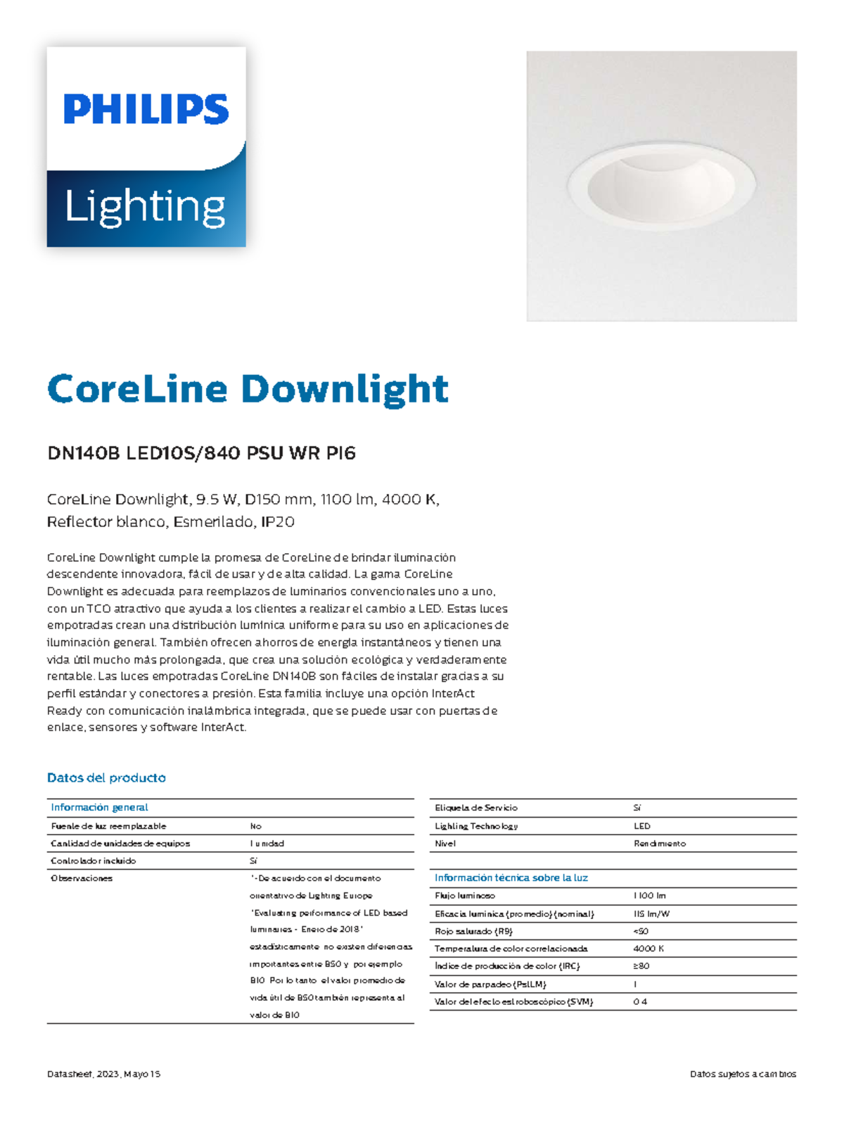 CoreLine Downlight DN140B PSU WR PI6: 9.5W, 1100lm, LED Specs - Studocu