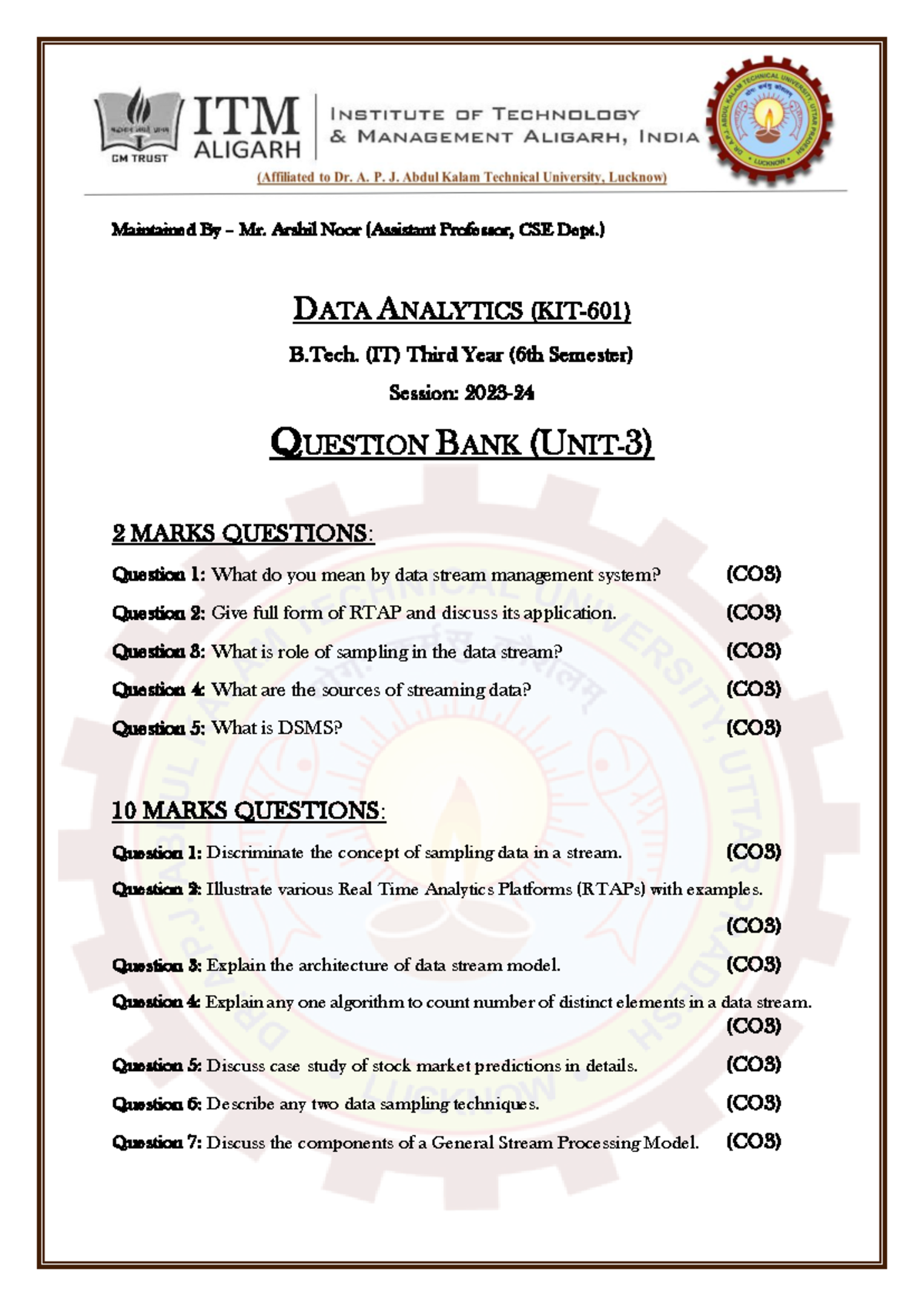 DA (KIT-601) Question Bank for Unit 3 - Data Analytics (2023-24) - Studocu