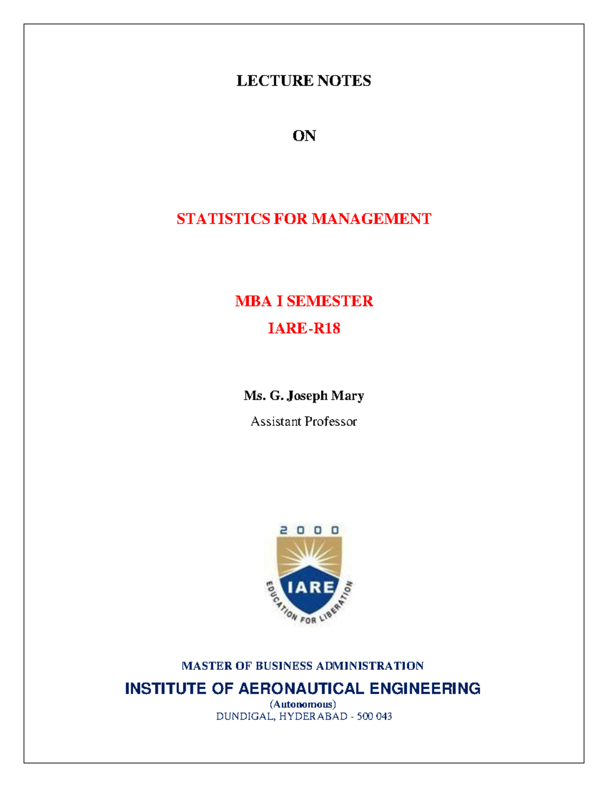 SFM MBA I Sem Lecture Notes: Statistics for Management - Studocu